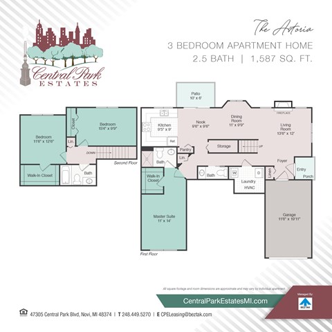 Floor plan for 3 beds, 2.5 baths, 1587 sqft